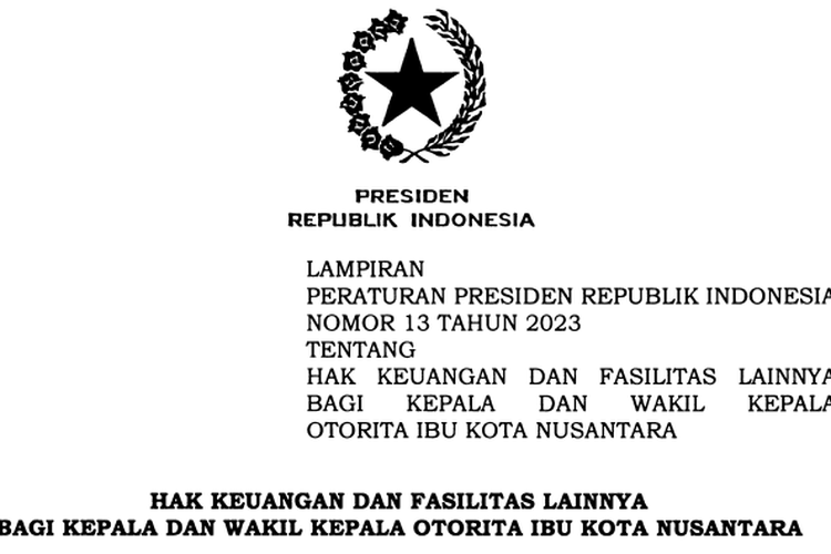 Tangkapan layar salinan Peraturan Presiden (Perpres) Nomor 13 Tahun 2023 tentang Hak Keuangan dan Fasilitas Lainnya bagi Kepala dan Wakil Kepala Otorita Ibu Kota Nusantara (IKN).
