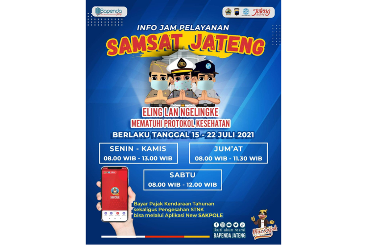 Jadwal Jam pelayanan Samsat Jateng selama PPKM darurat