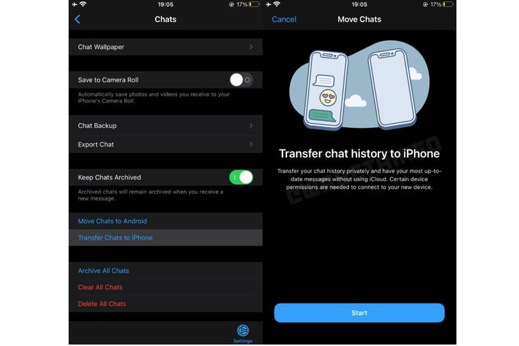 Tampilan fitur baru whatsapp bernama Transfer Chats to iPhone. Fitur ini memungkinkan pengguna iPhone mentransfer chat history ke iPhone baru, tanpa perlu backup chat ke iCloud.