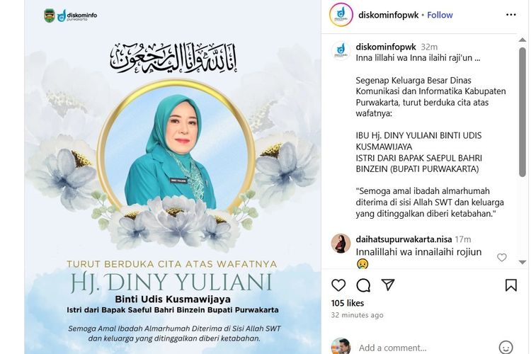 Diny Yuliani, istri Bupati Purwakarta Om Zein, meninggal dunia, Selasa (28/10/2025).