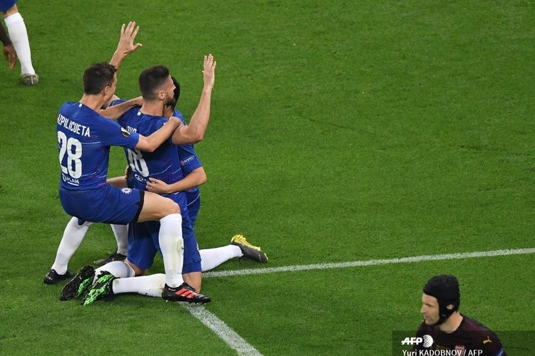 Olivier Giroud merayakan gol bersama rekan-rekannya pada laga Chelsea vs Arsenal dalam final Liga Europa di Stadion Olimpiade Baku, Azerbaijan, 29 Mei 2019. 