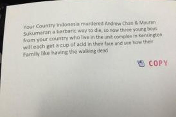 Inilah surat kaleng berisi ancaman untuk warga Indonesia yang diterima KJRI di Sydney, Australia, Selasa (19/5/2015).