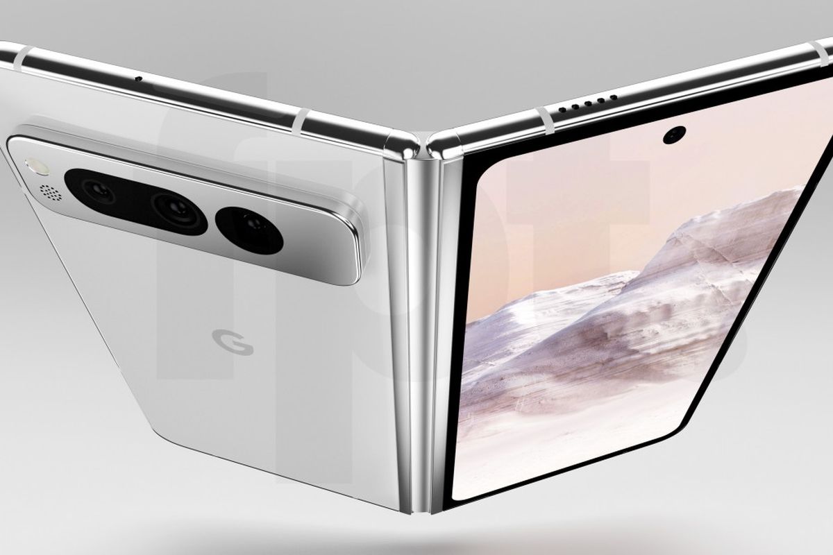 Ilustrasi ponsel lipat Google Pixel Fold dalam gambar render 3D.