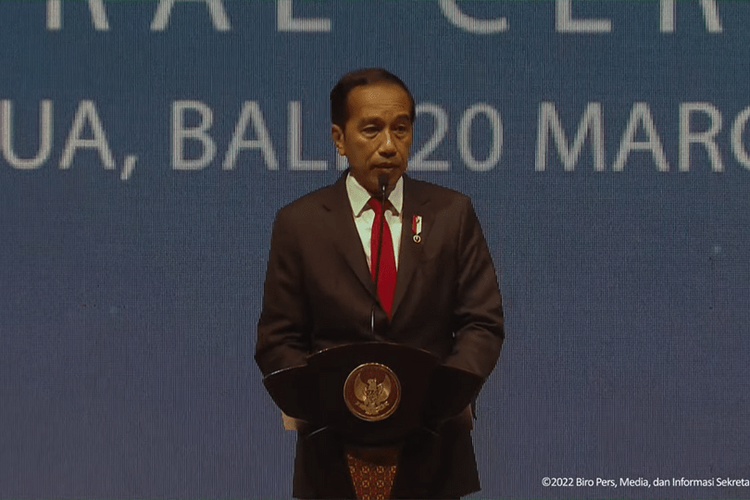 Presiden Joko Widodo saat membuka Sidang ke-144 Inter Parliamentary Union (IPU) di Bali International Convention Center (BICC), Badung, Bali, Minggu (20/3/2022).