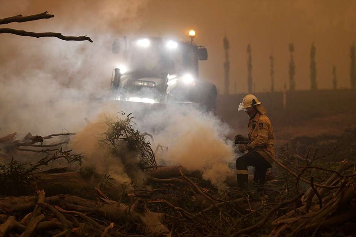 Pohon karet yang terbakar ditebang agar tidak jatuh di atas mobil di Corbago, ketika kebakaran hutan kembali terjadi di New South Wales, Australia, Minggu (5/1/2020). Kebakaran hutan hebat yang melanda sejumlah negara bagian di Australia dilaporkan menewaskan sedikitnya 24 orang, dengan lebih dari 2.000 rumah hancur dan membunuh sekitar 500 juta hewan liar.