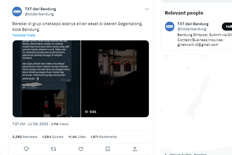 Tangkapan layar twit soal video disebut kegiatan aliran sesat di Gegerkalong, Bandung
