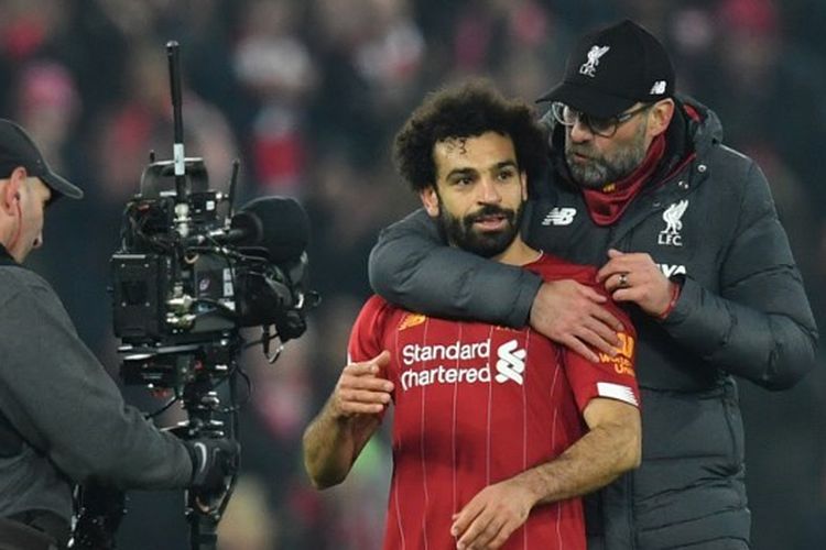 Mohamed Salah dan Juergen Klopp pada laga Liverpool vs Manchester United dalam lanjutan pekan ke-23 Liga Inggris 2019-2020.