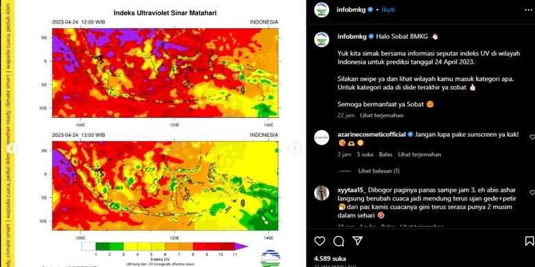 BMKG mengeluarkan perkiraan indeks sinar UV di Indonesia pada Senin (24/4/2023).