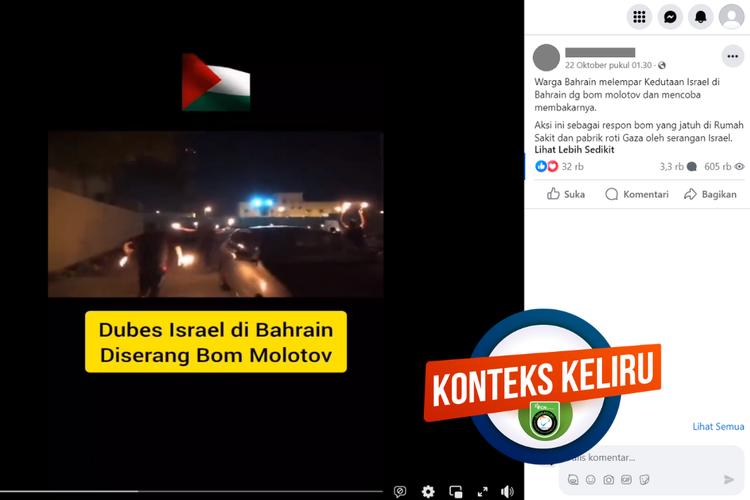 Tangkapan layar unggahan dengan konteks keliru di sebuah akun Facebook, Minggu (22/10/2023), soal video warga Bahrain melempari kedutaan Israel dengan molotov.
