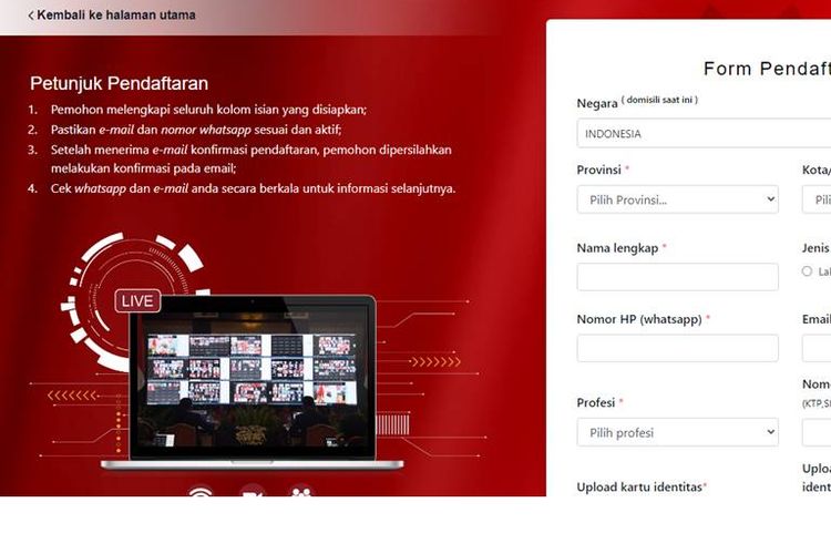 Tangkapan layar form pendaftaran upacara virtual HUT ke-76 RI