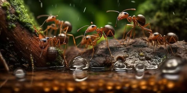 Ilustrasi serangga semut yang berkeliaran di musim hujan.