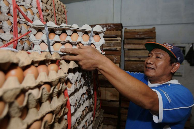 Seorang warga saat membeli telur di salah satu kios pedagang telur di Serpong, Tangerang Selatan, Banten, Kamis  (19/7/2018). Akibat tingginya permintaan, harga jual telur ayam ras mencapai hingga Rp 29.000 per kilogram atau untuk harga eceran tembus Rp 2.500 per butir.