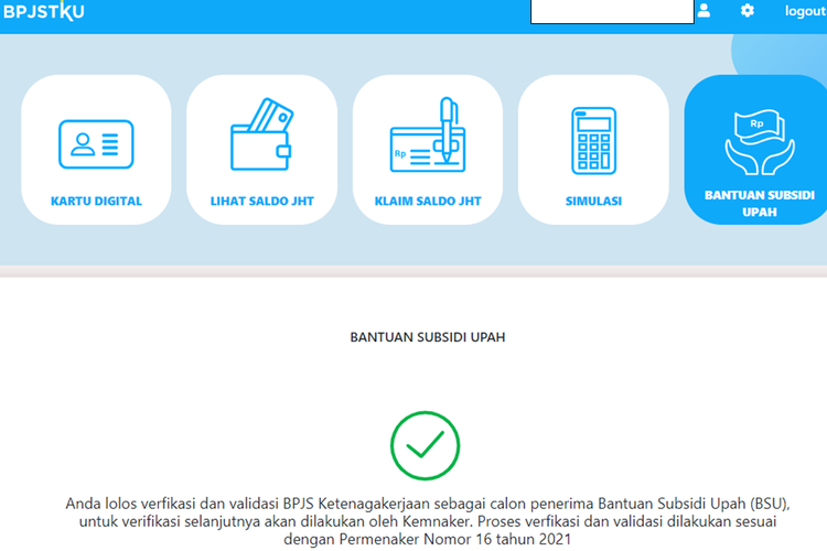 Tangkapan layar tampilan menu Bantuan Subsidi Upah pada laman sso.bpjsketenagakerjaan.go.id.