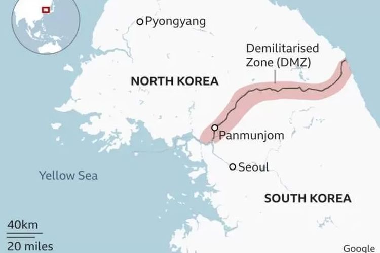 Denah Zona Demiliterisasi (DMZ) yang memisahkan Korea Utara dan Korea Selatan.