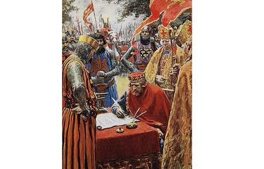 Gambar Raja John ketika mendatangani dokumen bersejarah Magna Carta.