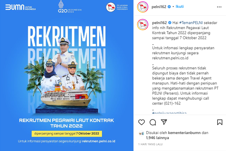 Tangkapan layar unggahan akun Instagram PT Pelni soal perpanjangan masa waktu pendaftaran rekrutmen pegawai laut kontrak 2022.