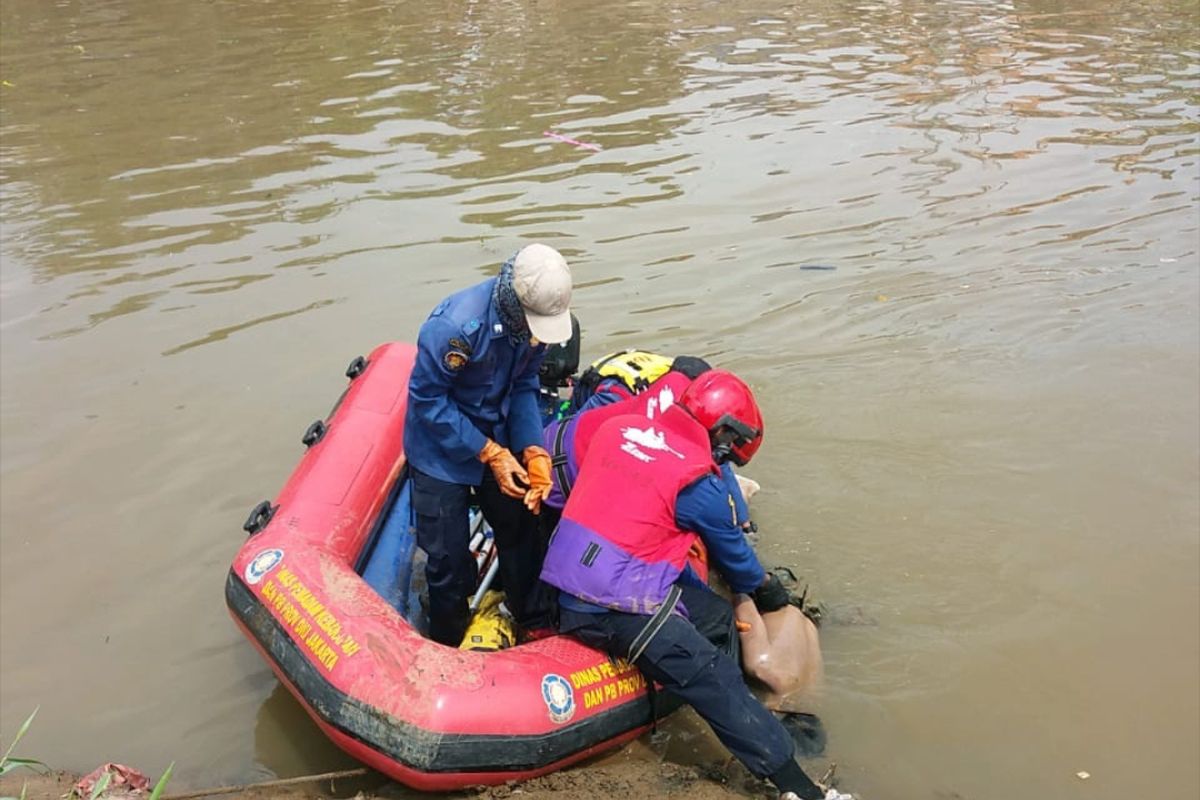 Proses evakuasi jasad MS di Kali Banjir Kanal Barat, Palmerah, Senin (13/4/2020)