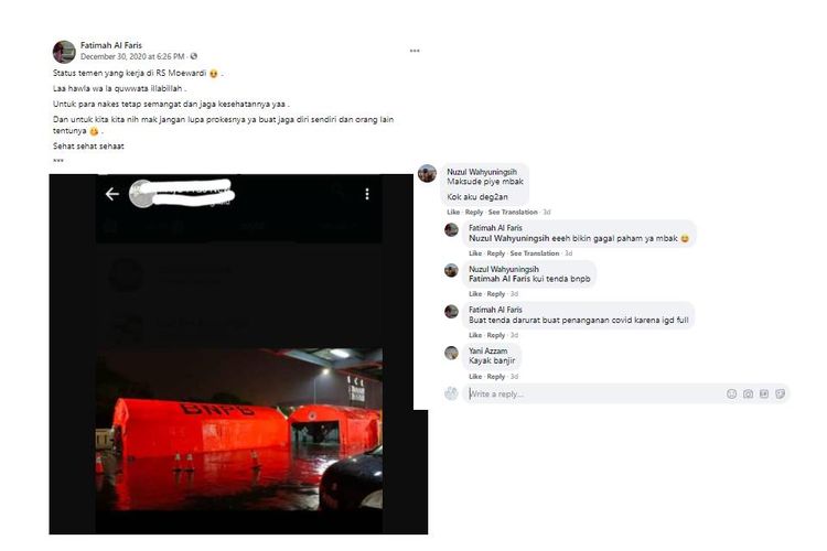 Unggahan di Facebook yang menyebut tenda di depan RS Moewardi untuk menampung pasien Covid-19. Pihak RS Moewardi mengatakan, tenda ini digunakan untuk berbagai keperluan, di antaranya tes usap. Kapasitas perawatan pasien Covid-19 disebut masih mencukupi.