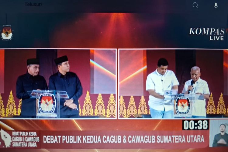 Debat publik kedua Pilkada Sumut digelar di Ballroom Hotel Santika Premiere Dyandra Convention & Hotel dengan menghadirkan paslon nomor urut 1 Bobby-Surya dan paslon nomor urut 2 Edy-Hasan, Rabu (6/11/2024) malam.