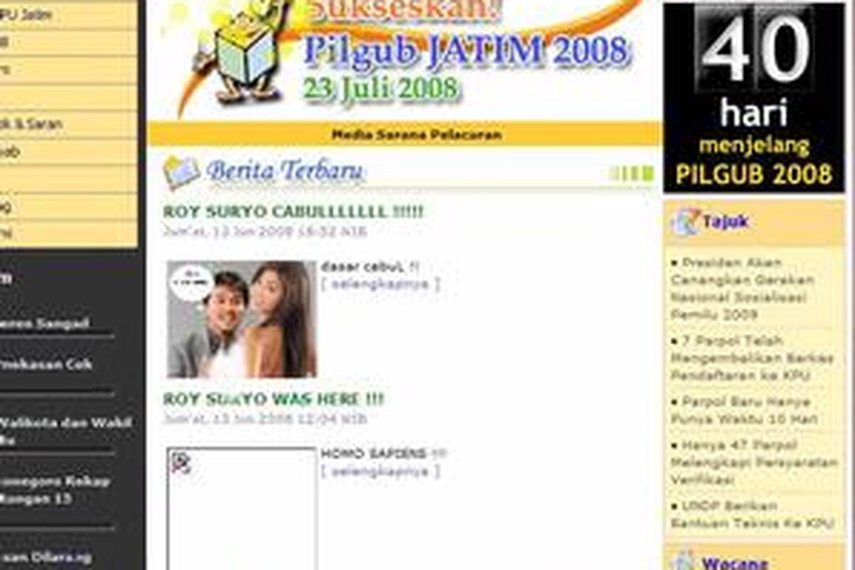 Hasil print screen situs KPU Jatim yang bergambar Roy Suryo.