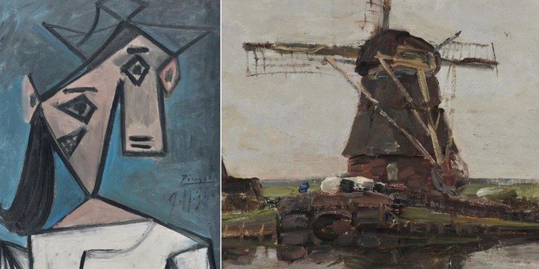 Lukisan Woman's Head karya Pablo Picasso (kiri) dan Windmill yang dibuat pelukis Belanda Piet Mondrian (kanan) ditemukan oleh polisi Yunani setelah sembilan tahun dicuri.