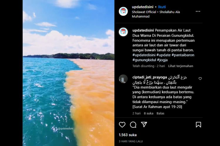 Terpisahnya air laut di lepas Pantai Baron menjadi dua warna terekam oleh kamera Sekretaris Satlinmas Rescue Istimewa Wilayah Operasi II Pantai Baron, Surisdiyanto pada Jumat (17/2/2023).