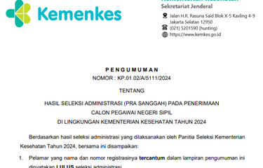 Link pengumuman hasil seleksi administrasi CPNS Kemenkes 2024