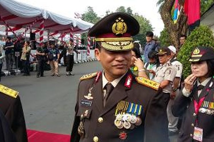 Kepala Badan Reserse Kriminal Polri Komjen Budi Waseso, seusai mengikuti upacara HUT ke-69 Bhayangkari di Lapangan Mako Brimob Kelapa Dua Depok, Jawa Barat, Rabu (1/7/2015).