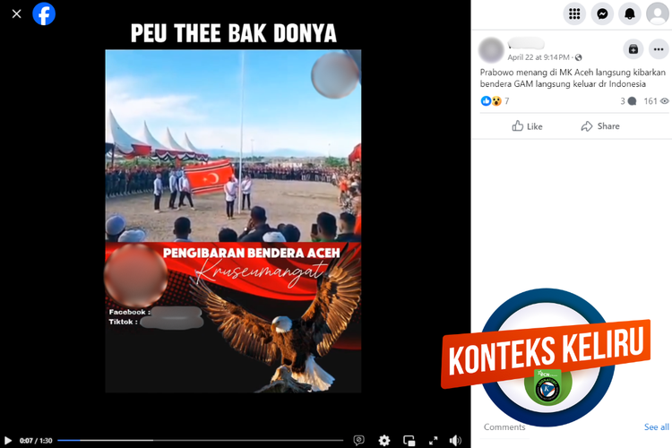 Tangkapan layar konten dengan konteks keliru di sebuah akun Facebook, Minggu (22/4/2024), mengenai pengibaran bendera GAM di Aceh setelah putusan MK.