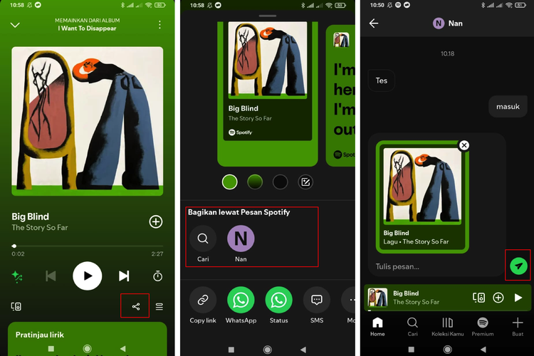 Cara berbagi lagu di chat Spotify.