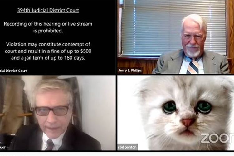 Tayangan live streaming Youtube 394th District Court of Texas yang sempat ramai karena salah seorang pengacara tampil dengan filter kucing.