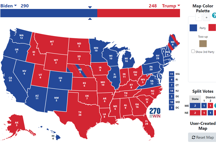 Peta Electoral College Pilpres AS 2020 yang menunjukan skenario kemenangan Joe Biden dengan menyapu swing states Rust Belt yang akan memberikannya 290 electoral votes