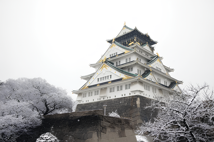 Ilustrasi Osaka Castle saat musim dingin