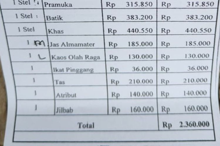 #---Nota rincian harga pembelian kain seragam bagi siswa baru di salah satu SMA Negeri Tulungagung Jawa Timur, Minggu (23/07/2023)---#