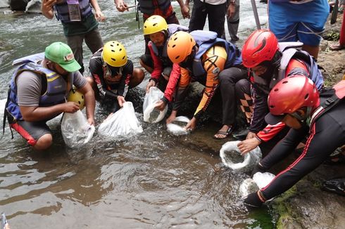 Atlet Arum Jeram Tanam Pohon dan Sebar Bibit Ikan di Sungai Wisata Pertama di Jatim
