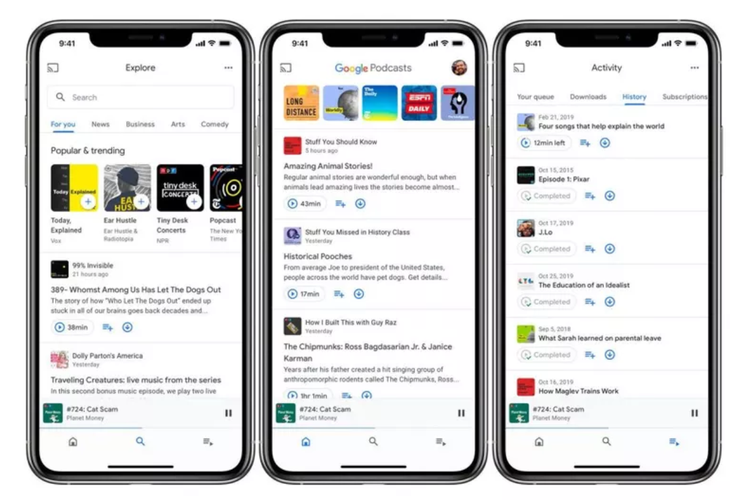 Tampilan baru Google Podcast dengan tiga tab.