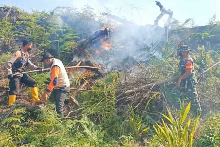 Petugas kepolisian, TNI dan BPBD Rohul memadamkan api karhutla menggunakan kayu di Desa Rambah Samo Barat, Kecamatan Rambah Samo, Kabupaten Rokan Hulu, Riau, Senin (28/3/2022).