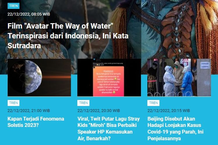 Berita populer kanal Tren hingga Jumat (23/12/2022), salah satunya adalah film Avatar The Way of Water yang terinspirasi dari Indonesia.
