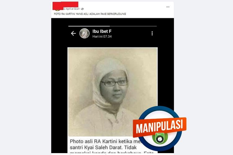 Tangkapan layar Facebook gambar yang menampilkan Kartini berkerudung dan berkacamatan