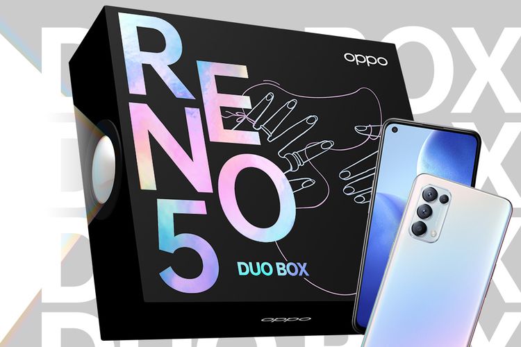 Tampak boks penjualan  Oppo Reno5 Limited Edition Duo Box yang berisi dua unit Oppo Reno5