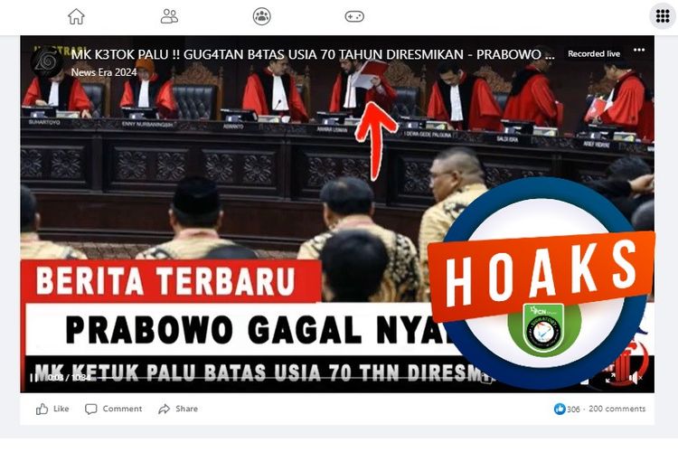 Tangkapan layar Facebook narasi yang menyebut MK mengabulkan gugatan batas maksimal usia capres