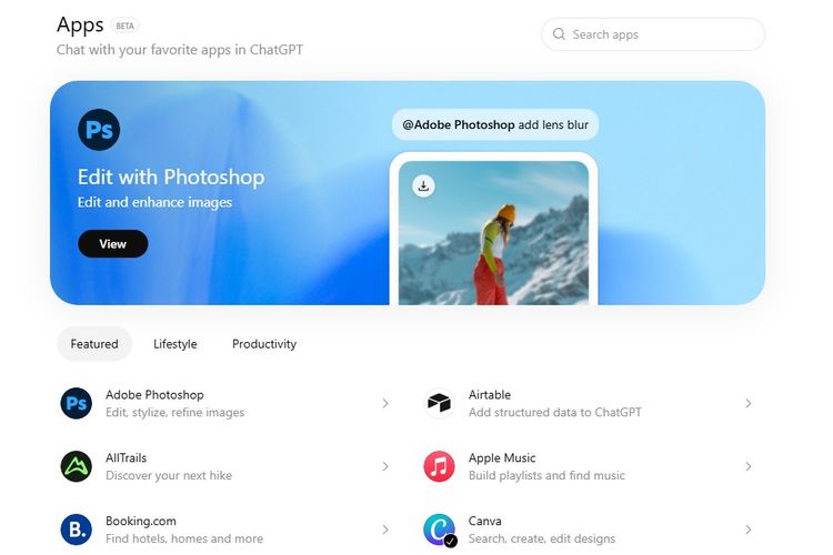 Tampilan daftar aplikasi di fitur App Directory ChatGPT