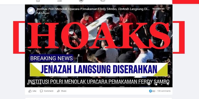 Tangkapan layar Facebook narasi yang menyebut bahwa jezanah Ferdy Sambo telah dikebumikan dan Polri menolak untuk melakukan upacara pemakaman