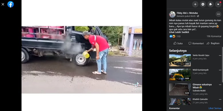 Tangkapan layar video pengemudi mobil pikap menyiram rem mobilnya yang panas dengan air.