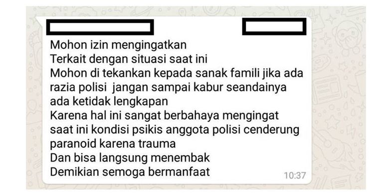 Pesan berantai hoaks yang menyebar di grup-grup percakapan.