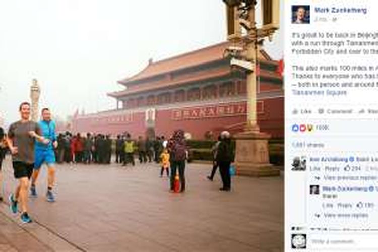 Mark Zuckerberg mengunggah foto dirinya sedang jogging di China, Jumat (18/3/2016) walau di tengah polusi udara.