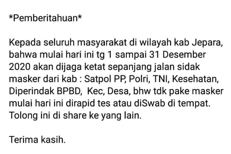 Status Facebook keliru soal Pemkab Jepara gelar sidak masker dan sanksi tes di tempat.