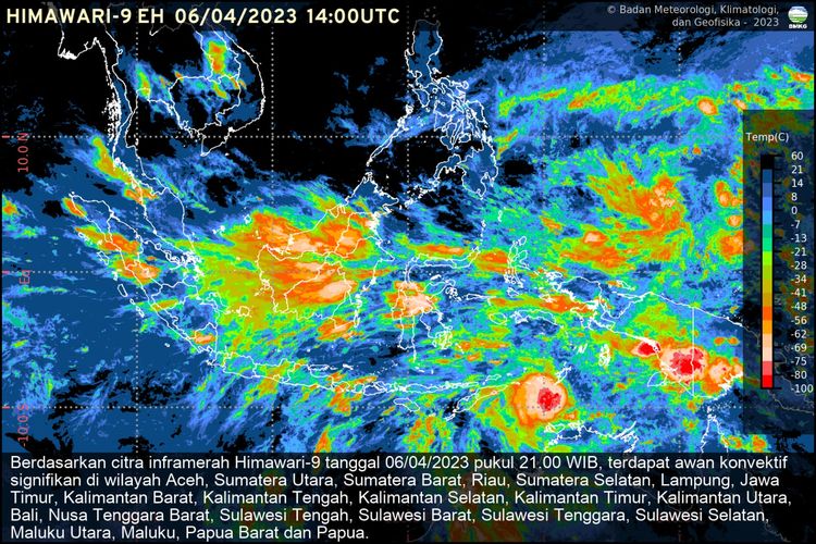 Citra inframerah Himawari-9 tentang bibit Siklon Tropis 98S yang saat ini tumbuh di Laut Arafura, Kamis (6/4/2023)