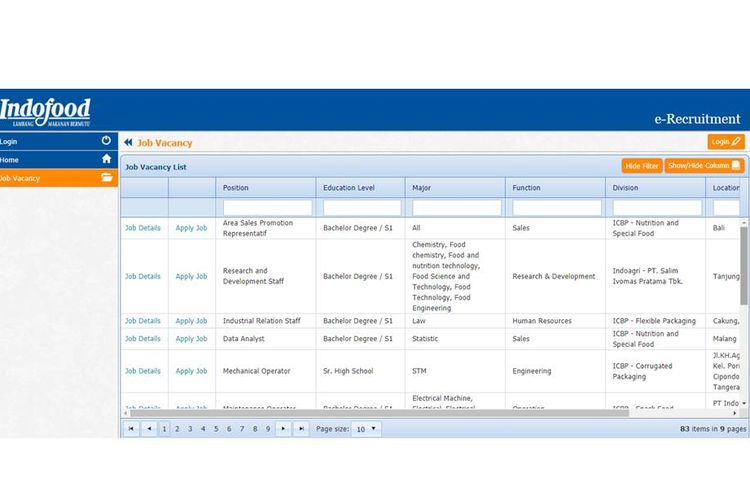Tangkapan layar laman rekrutmen di Indofood.