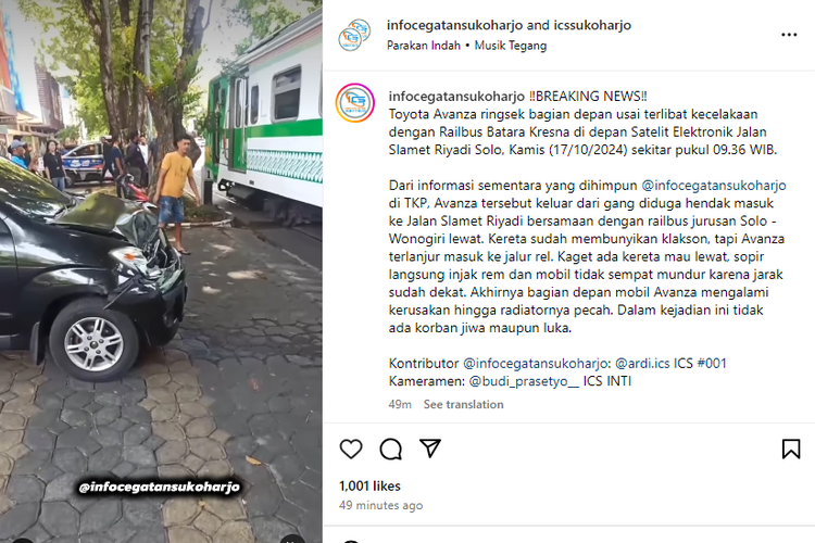 KA Batara Krena tabrak mobil Toyota Avanza di Slamet Riyadi, Solo, Kamis (17/10/2024).